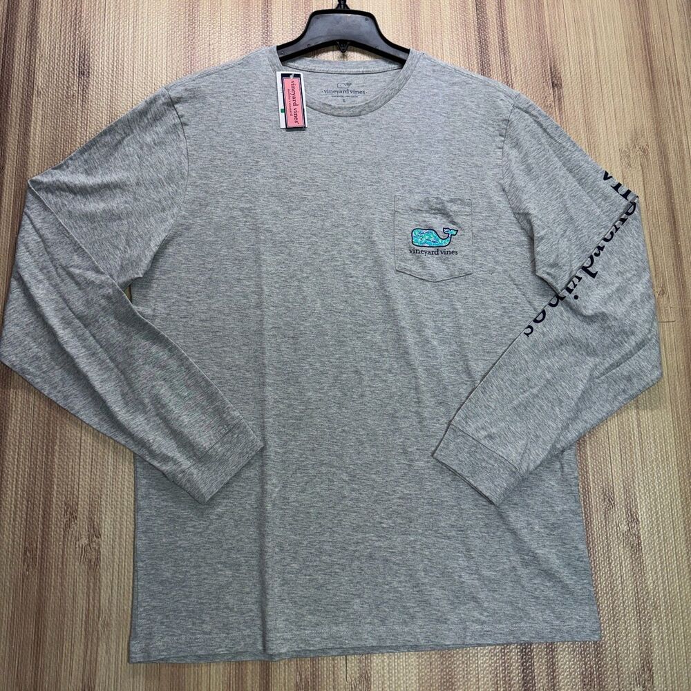 Vineyard Vines LS Gray Shark Batik Fish Whale Pocket T-Shirt Men's Large NWT